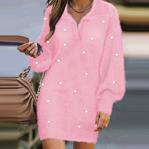 Autumn Winter Long Sleeve Beaded Turn down Collar Sweater Dress Women