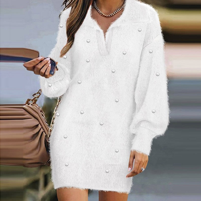 Autumn Winter Long Sleeve Beaded Turn down Collar Sweater Dress Women