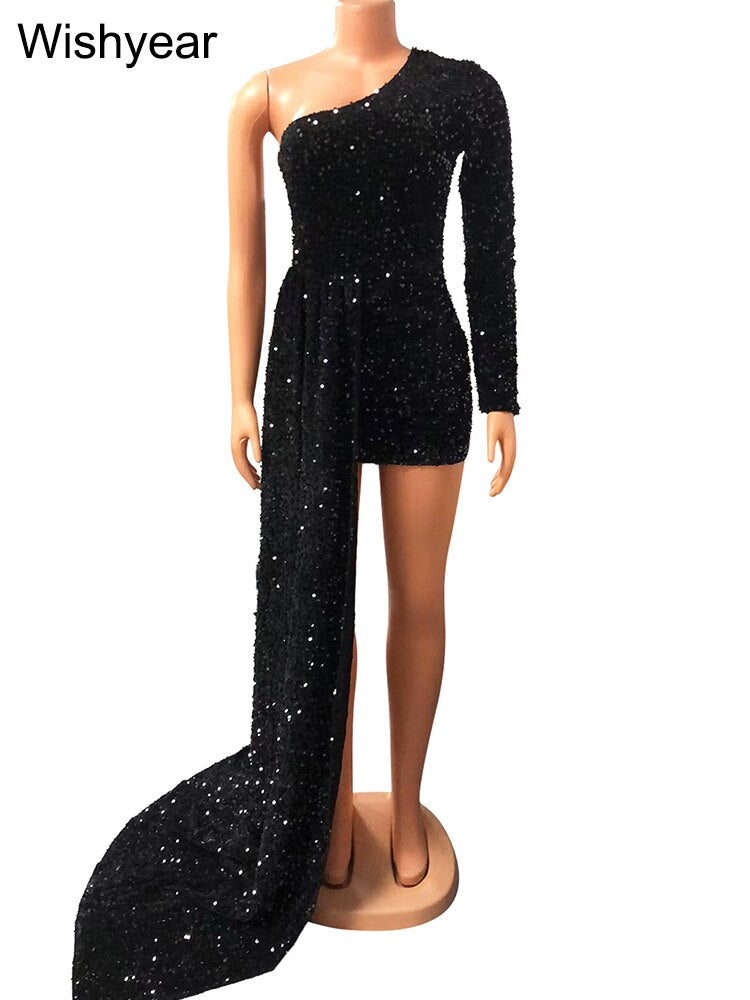 Elegant Autumn Sequined One Shoulder Long Sleeve Birthday Bodycon Mini