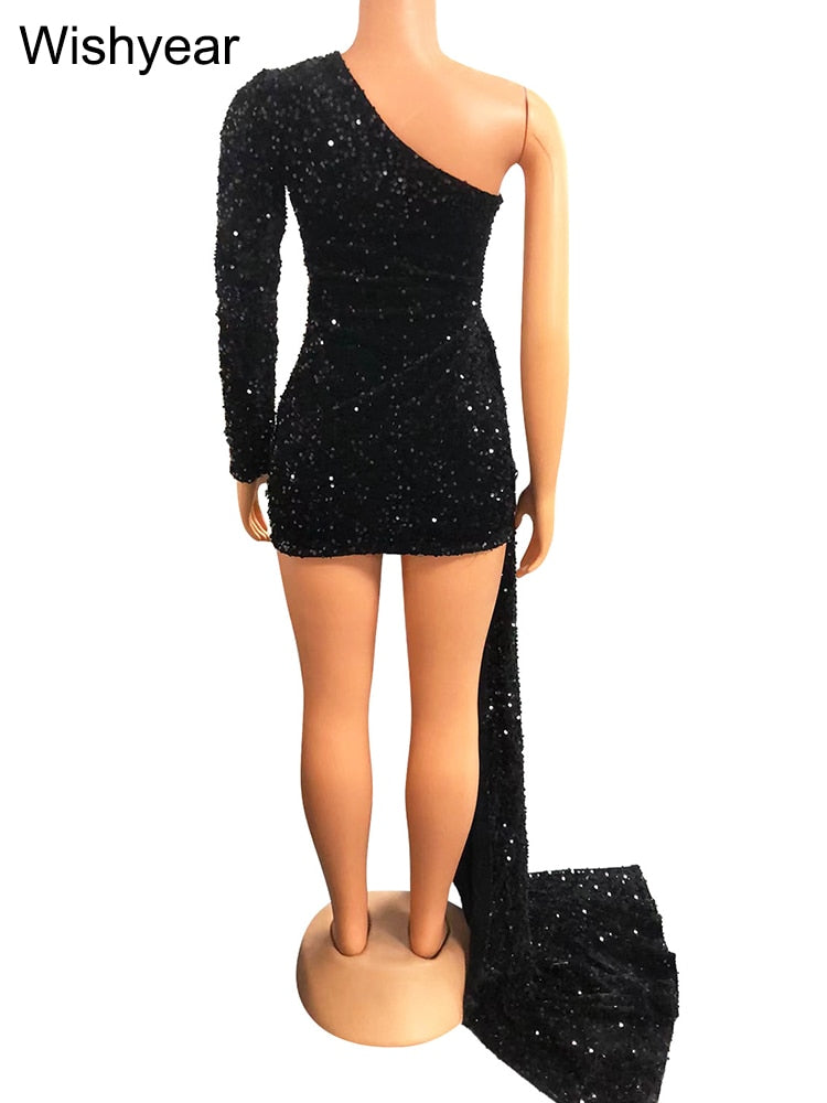 Elegant Autumn Sequined One Shoulder Long Sleeve Birthday Bodycon Mini