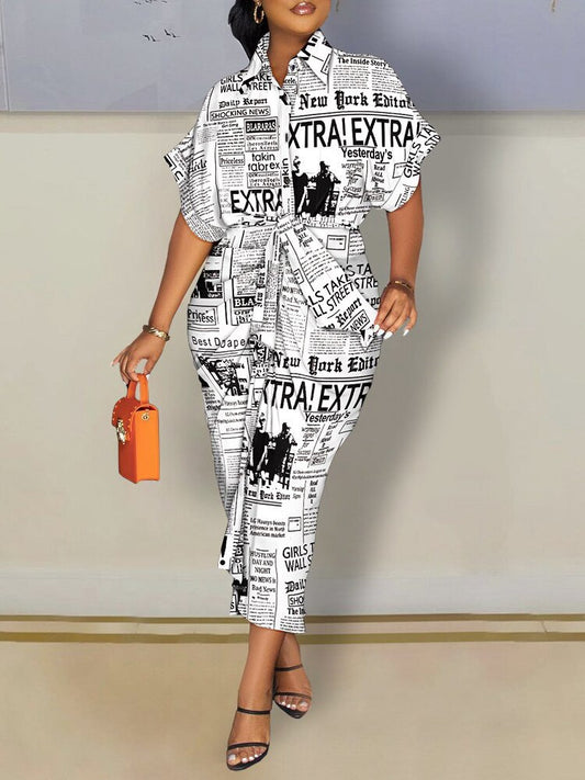 Shirt Dress Women Newspaper | Newspaper Print Shirt Dress - Fashion