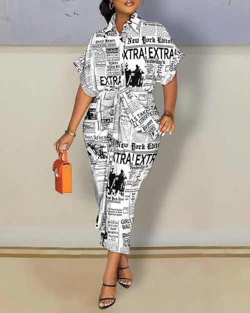 Shirt Dress Women Newspaper | Newspaper Print Shirt Dress - Fashion