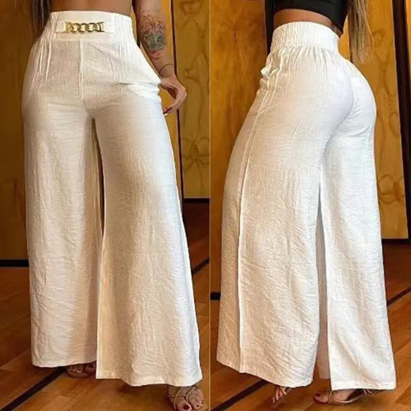 Summer Waist Wide Leg Straight Pants Women Chain High Casual Pocket