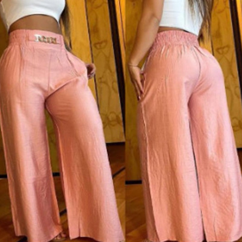 Summer Waist Wide Leg Straight Pants Women Chain High Casual Pocket