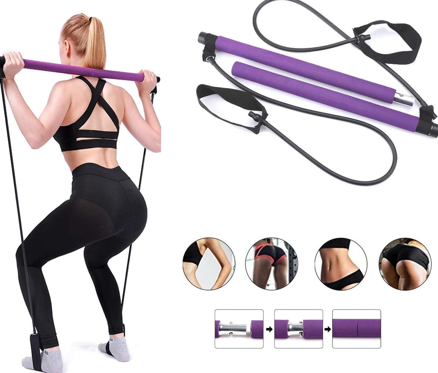 Yoga Pilates Bar Stick Exerciser Pull Rope Gym Workout Pilates Trainer